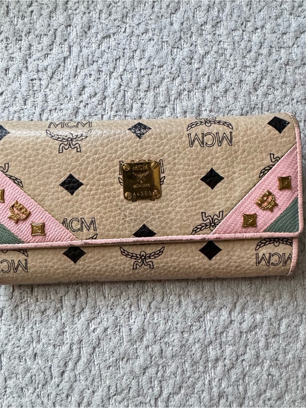 MCM Beige Visetos Continental Wallet with Pink Trim and Green Accent